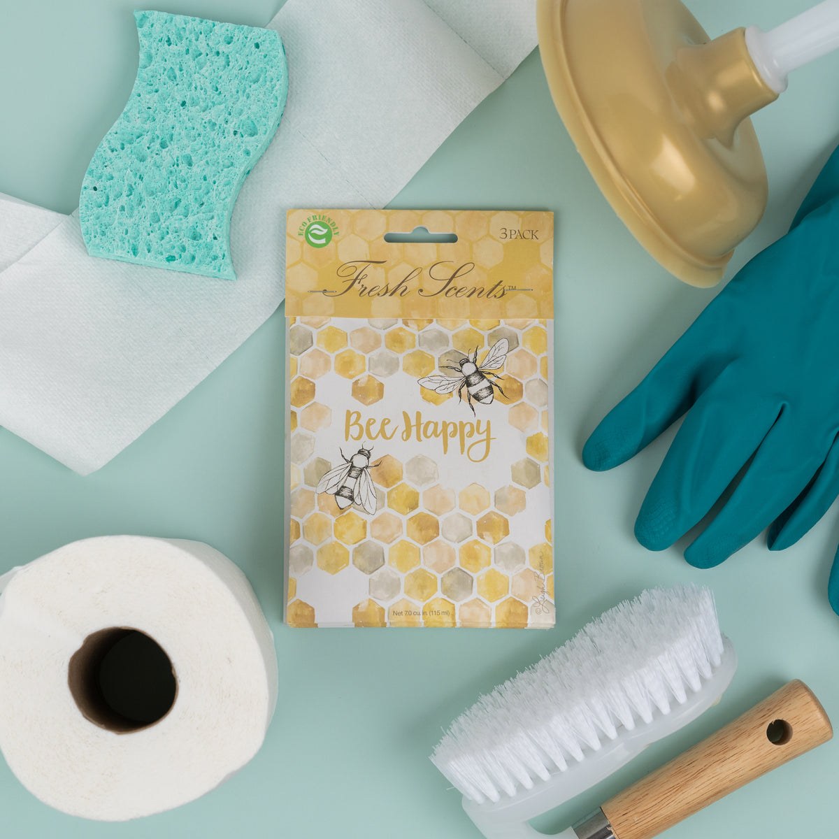 Bee Happy scented sachet bathroom flat lay