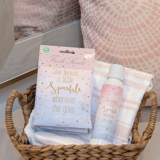 Little Sparkle Fragrance in Sachet and Room Spray Sitting in Basket