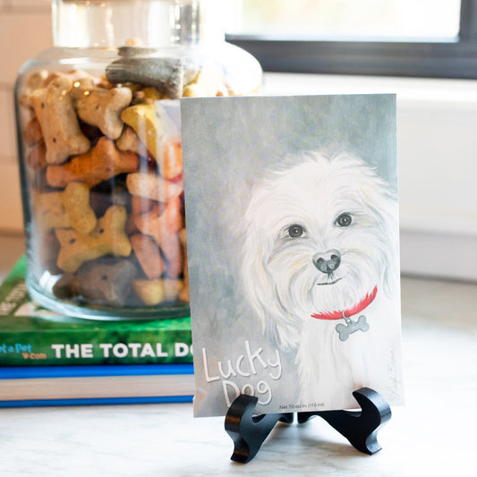 Lucky Dog Fresh Scents Fragrance Sachet on Easel Next to Jar of Dog Treats