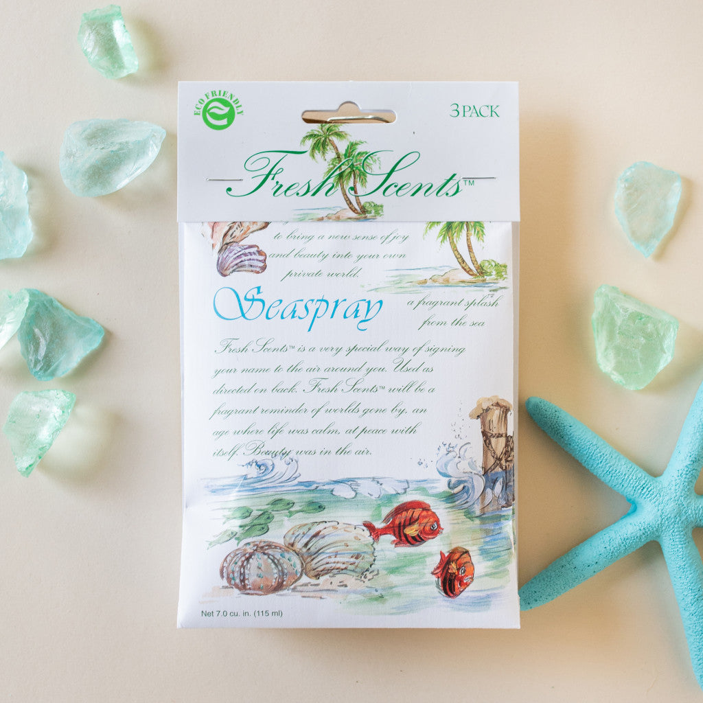 Seaspray Fresh Scents Fragranced Sachet Flat lay with Sea Glass and Star Fish