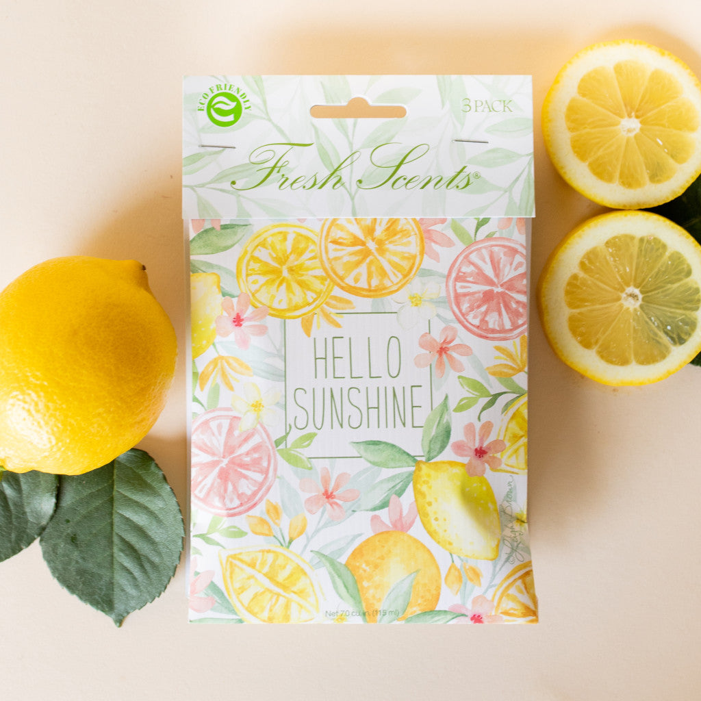 Hello Sunshine Citrus Scented Sachet Flat Lay with Lemons